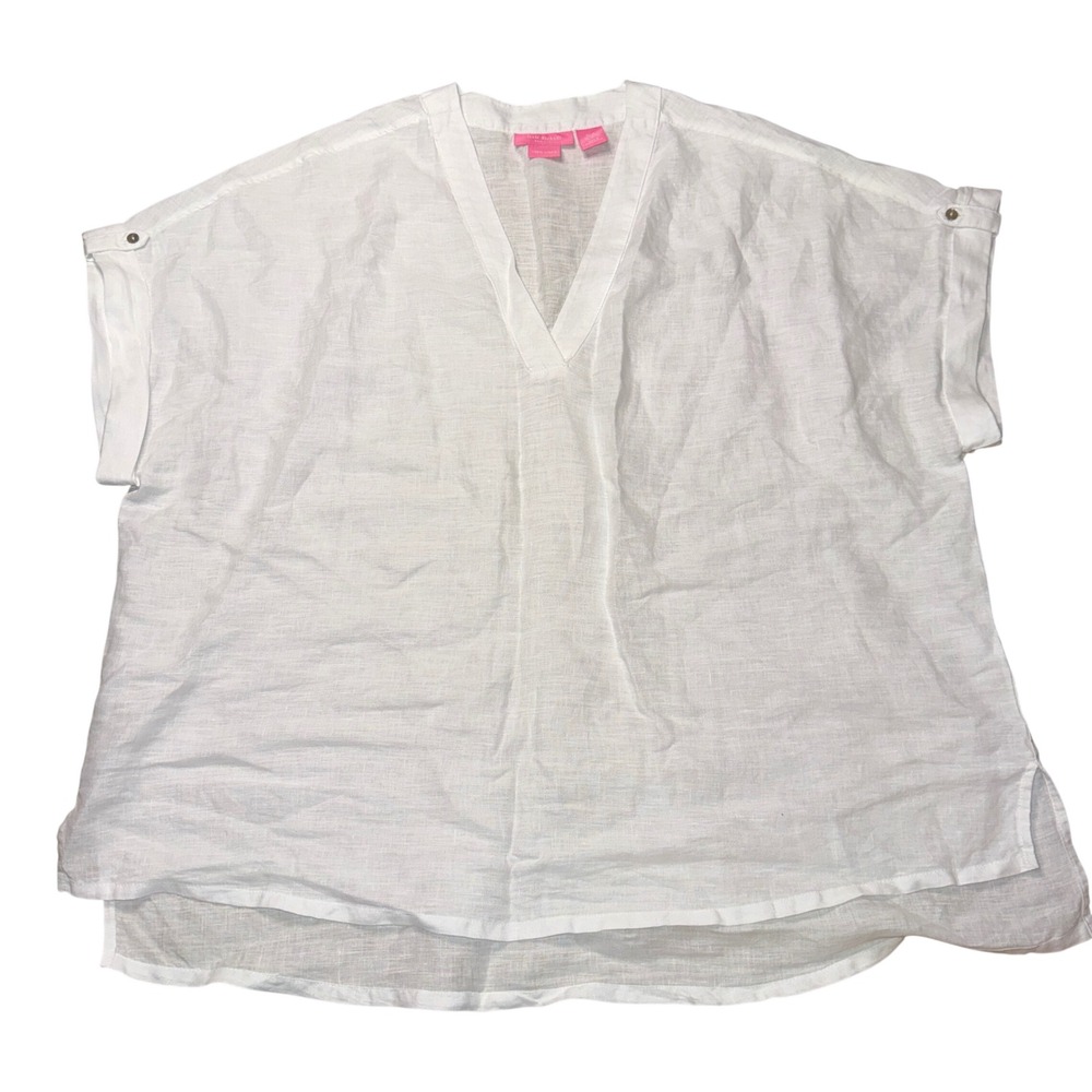 Isaac Mizrahi Top 2X White 100% Linen V-Neck Dolman Sleeve Blouse